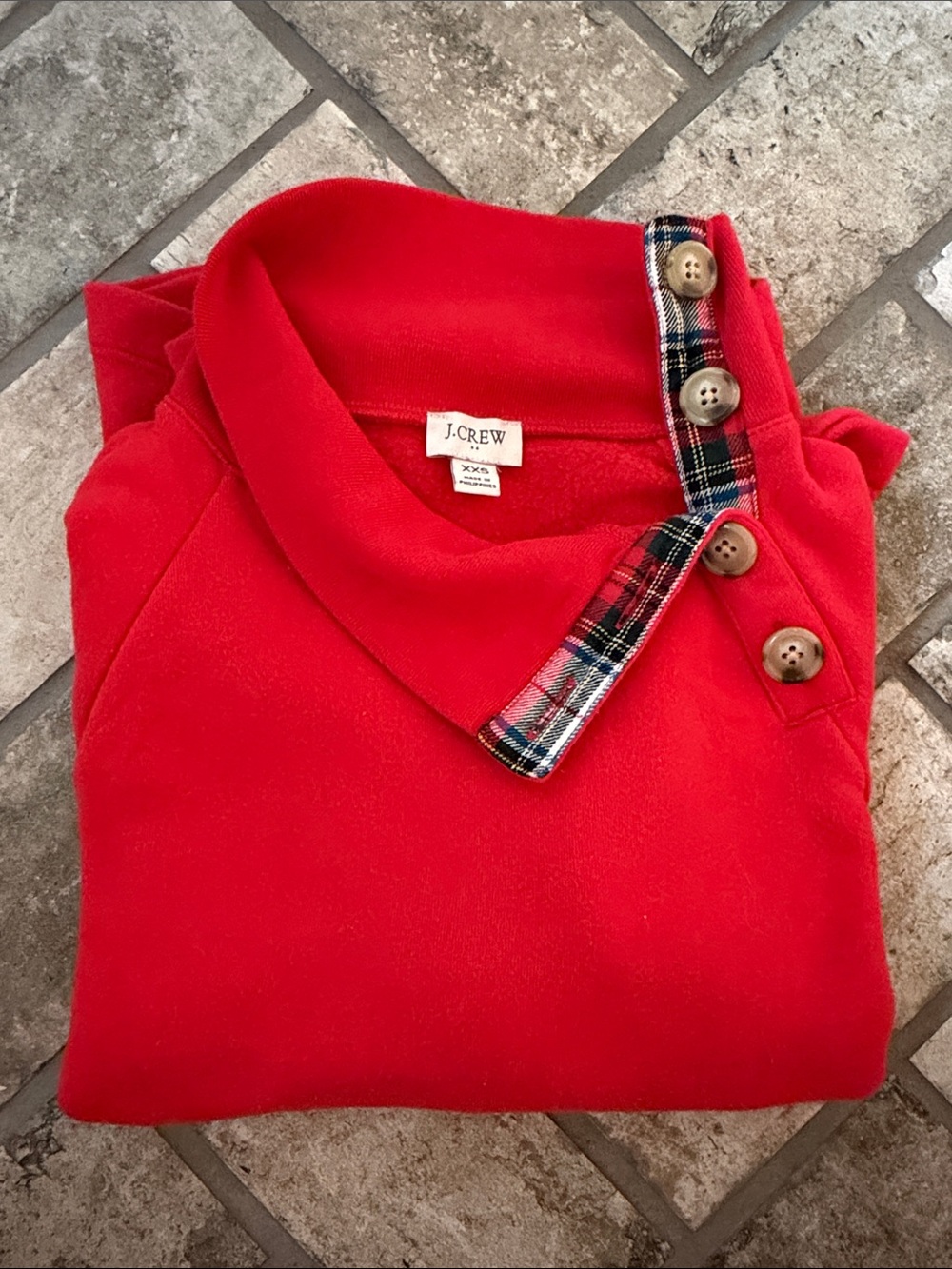 J. Crew Women’s Red Funnel Neck Sweater with Plaid Trim